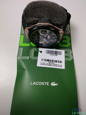 brand new lacoste men ' s watch with black dial and brown leather strap