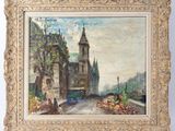 a painting of a street scene with a church in the background