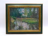 framed oil painting of a river and trees in a green frame