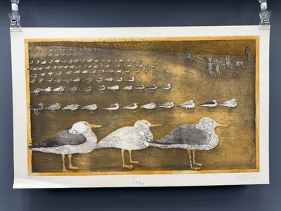 trois mouettes alignées sur la plage