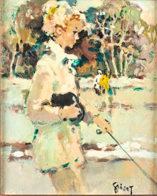 une image représentant un tableau où l'on voit une femme promener un chien en laisse