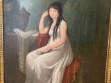 painting of a woman in a white dress sitting on a red chair