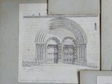 several drawings of a building with a door and a clock on the wall