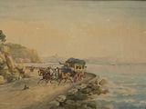 un tableau représentant un groupe de personnes à cheval sur la plage