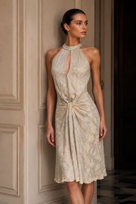 the woman in the dress is standing by the wall