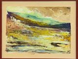 an oil painting of a landscape with mountains in the background