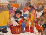 a painting of a group of people with chickens in a market
