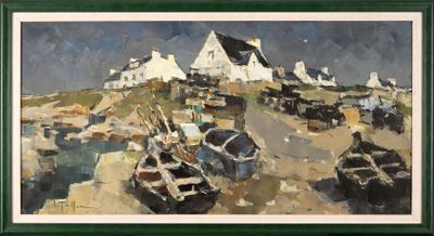 a painting of boats on the shore by the water