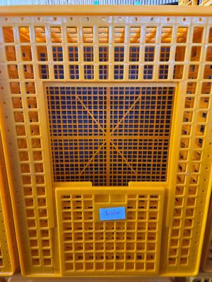a yellow crate that has a blue label on it