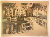 une image d'une peinture représentant un pont sur une rivière