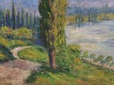 painting of a path leading to a tree on a hill with a river in the background