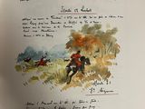 a drawing of a man riding a horse in a field