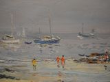 a painting of people walking on the beach with boats in the background