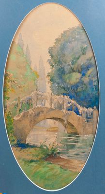 a picture of a painting of a bridge over a river