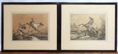 two framed prints of a man riding a horse and a dog chasing a dog