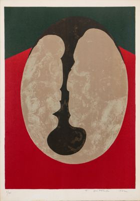 une image représentant un tableau où figurent un homme et une femme sur un fond rouge et vert