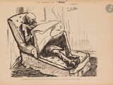 drawing of a man sitting in a chair reading a book