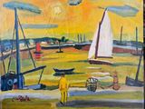 un tableau représentant un voilier sur la plage