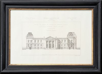 an old drawing of a large building with a clock tower
