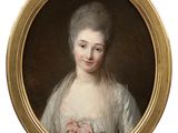 portrait of a lady in a white dress with a pink rose in her hand