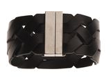 a close up of a black leather bracelet with a metal bar
