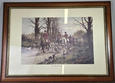 tableau représentant un groupe d'hommes à cheval accompagnés de chiens dans une zone boisée