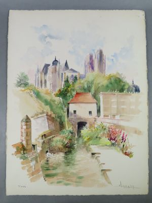 watercolor painting of a river with buildings in the background