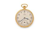 a gold pocket watch on a white background with a blue second hand