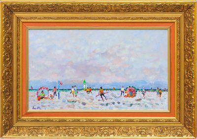 an oil painting of a beach scene with people playing in the water