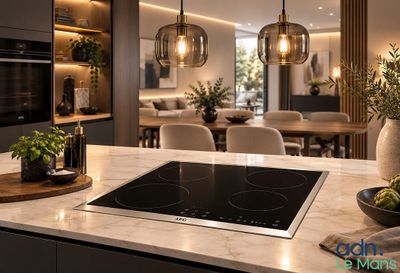 une photo d'une cuisine avec une plaque de cuisson et une salle à manger en arrière-plan
