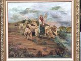 an oil painting of a woman tending to a flock of sheep