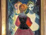 an oil painting of three women standing in front of a mirror