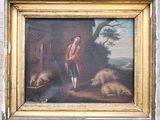 painting of a man in a red coat standing in front of pigs