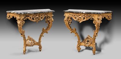 pair of louis xv style console tables with marble top
