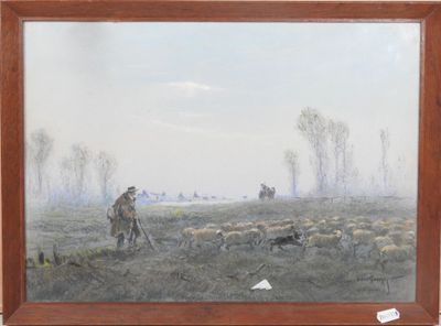 une photo d'un tableau représentant un homme et un chien dans un champ