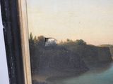 a painting of a bird flying over a body of water