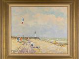 une peinture à l'huile représentant une scène de plage avec des personnes sur le sable et des cerfs-volants dans le ciel