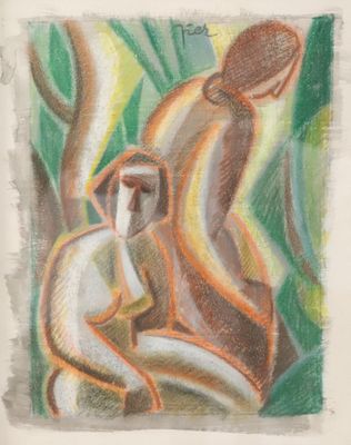 dessin représentant un singe assis sur une branche d'arbre, avec un homme en arrière-plan