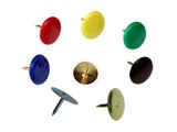 many different colors of screws on a white surface