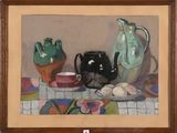 une peinture représentant une peinture d'une théière et d'autres objets posés sur une table