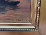 a painting of a boat in the water on the beach