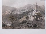 an old picture of a view of a town in the mountains