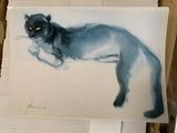 a painting of a cat that is sitting on a piece of paper