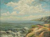 painting of a view of the ocean with a bird flying over it