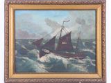 une peinture à l'huile représentant un bateau sur une mer agitée par les vagues