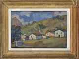 an image of a painting of a farm scene with a mountain in the background