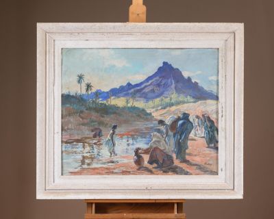 an oil painting of a group of people in the desert