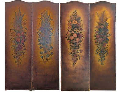three panels with floral designs painted on them on a white background