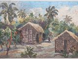 a painting of a small village with a thatched roof