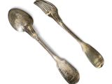 two spoons and a fork on a white surface with a white background
